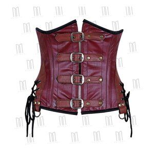 Premium Maroon-Tan Leather Underbust Corset with Side Lace-Up Panels